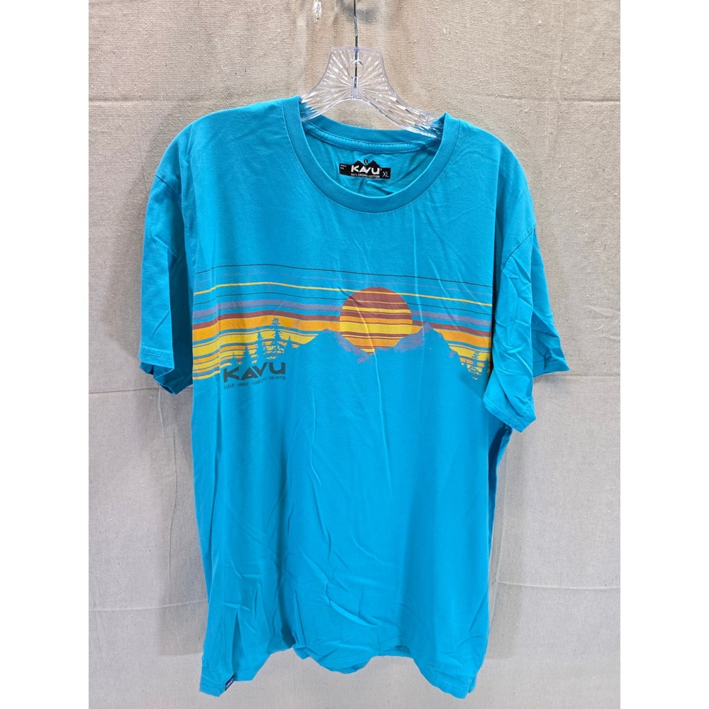 Kavu Mens XL Organic Cotton Graphic T-Shirt Turquoise Blue Sunset Mountain Tee